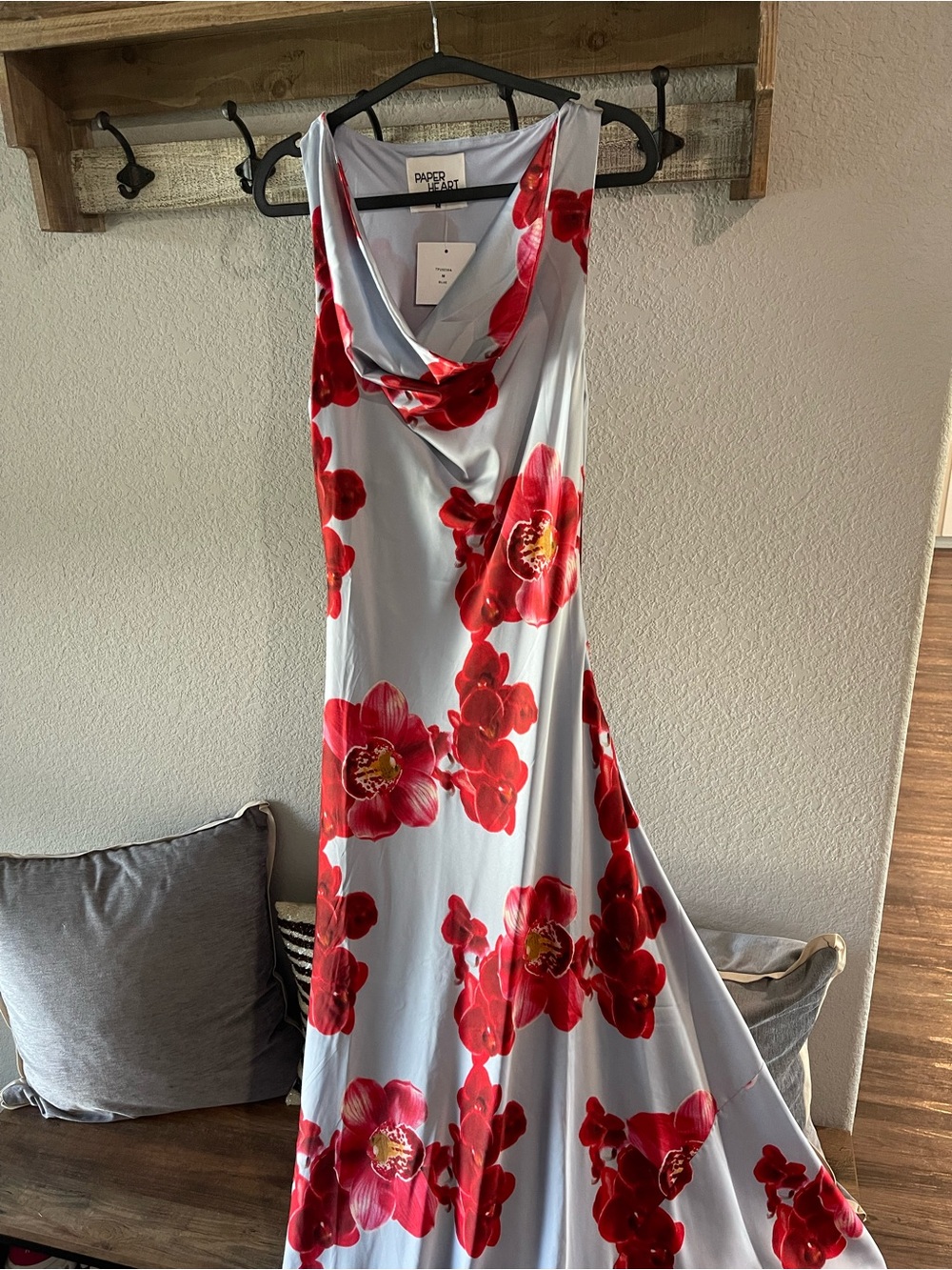 Paper Heart Light Blue Maxi Dress with Red Floral Print NWT